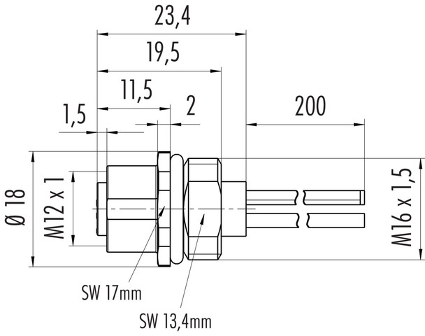 Binder 09-0692-700-04 M12-S Female panel mount connector, Contacts: 3+PE, unshielded, single wires, IP68, UL, VDE, M16x1,5