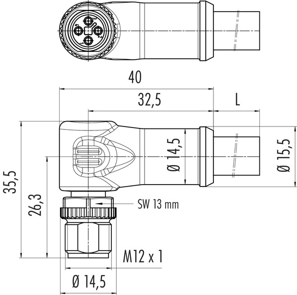 Binder 77-0627-0000-50704-0200 M12-T Male angled connector, Contacts: 4, unshielded, moulded on the cable, IP68, PUR, black, 4 x 1.50 mm², 2 m