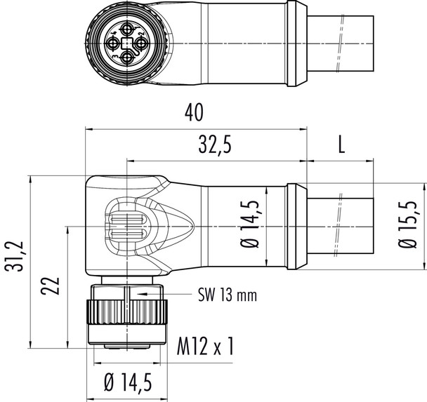 Binder 77-0634-0000-50704-0200 M12-T Female angled connector, Contacts: 4, unshielded, moulded on the cable, IP68, PUR, black, 4 x 1.50 mm², 2 m