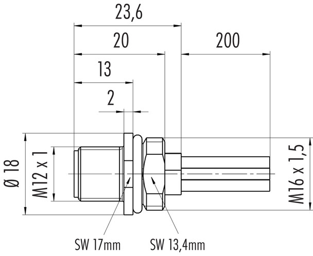 Binder 09-0631-300-04 M12-T Male panel mount connector, Contacts: 4, unshielded, single wires, IP68, M16x1,5