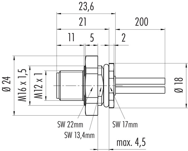 Binder 09-0631-320-04 M12-T Male panel mount connector, Contacts: 4, unshielded, single wires, IP68, M16x1,5, front fastened
