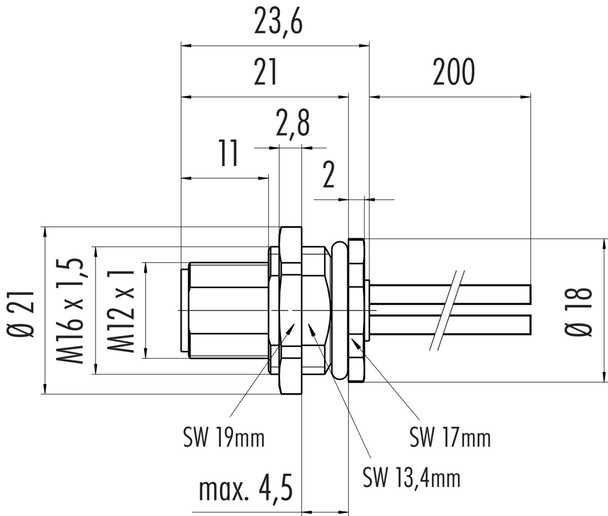 Binder 09-0631-120-04 M12-T Male panel mount connector, Contacts: 4, unshielded, single wires, IP68, UL, VDE, M16x1,5, front fastened