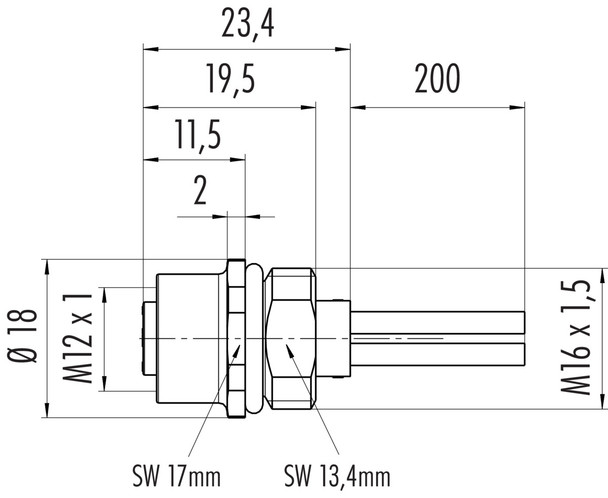 Binder 09-0632-300-04 M12-T Female panel mount connector, Contacts: 4, unshielded, single wires, IP68, M16x1,5