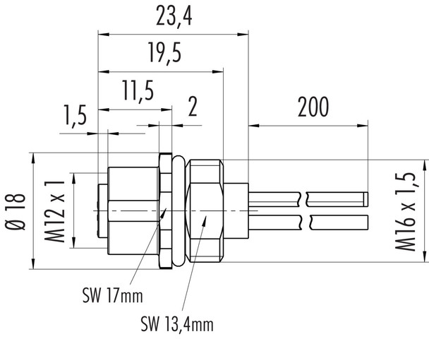 Binder 09-0632-700-04 M12-T Female panel mount connector, Contacts: 4, unshielded, single wires, IP68, UL, VDE, M16x1,5