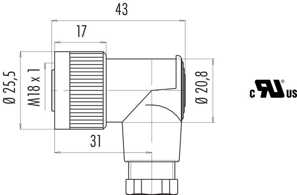 Binder 09-0440-000-04 M18 Female angled connector, Contacts: 4, 6.5-8.0 mm, unshielded, screw clamp, IP67, UL