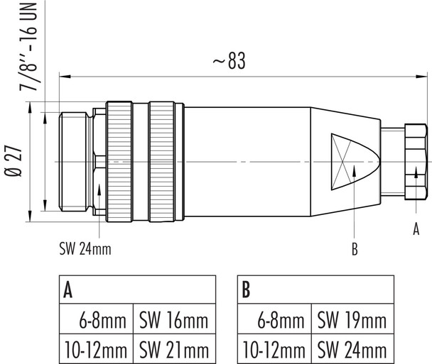 Binder 99-2443-12-04 7/8" Male cable connector, Contacts: 3+PE, 6.0-8.0 mm, unshielded, screw clamp, IP67, UL, VDE