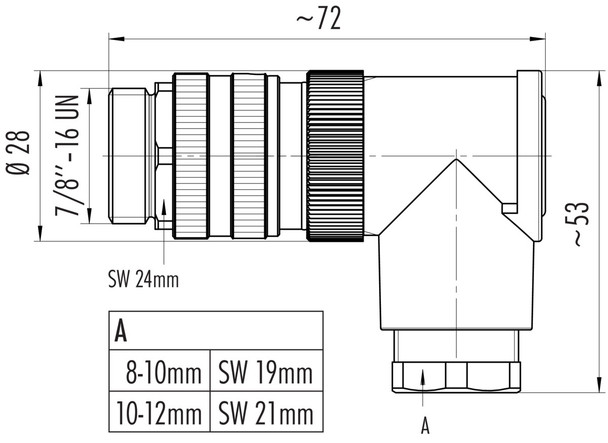 Binder 99-2443-62-04 7/8" Male angled connector, Contacts: 3+PE, 8.0-10.0 mm, unshielded, screw clamp, IP67, UL, VDE
