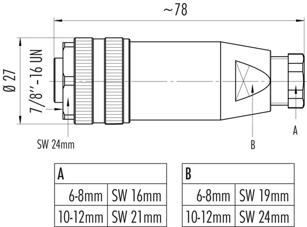 Binder 99-2442-12-04 7/8" Female cable connector, Contacts: 3+PE, 6.0-8.0 mm, unshielded, screw clamp, IP67, UL, VDE