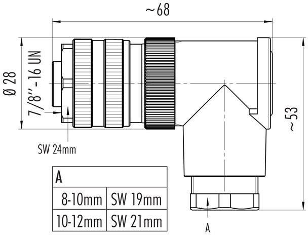 Binder 99-2444-62-05 7/8" Female angled connector, Contacts: 4+PE, 8.0-10.0 mm, unshielded, screw clamp, IP67, UL, VDE