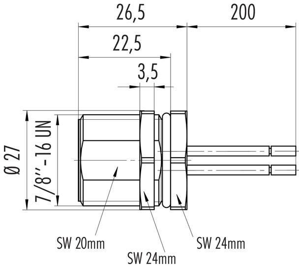 Binder 09-2447-100-03 7/8" Male panel mount connector, Contacts: 2+PE, unshielded, single wires, IP68, UL, VDE, front fastened