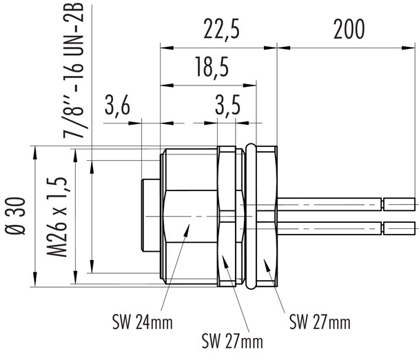 Binder 09-2450-100-05 7/8" Female panel mount connector, Contacts: 4+PE, unshielded, single wires, IP68, UL, VDE, front fastened
