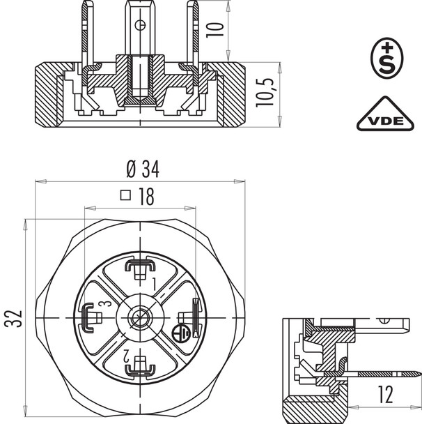 Binder 43-1705-005-03 Size A Male power connector, Contacts: 2+PE, unshielded, solder, IP40 without seal, VDE, ESTI+