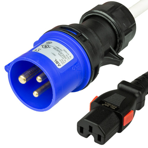 IEC 60309 6H 2P+E Splashproof BLUE PLUG to C15 LOCKING 15A 250V WHITE cordage