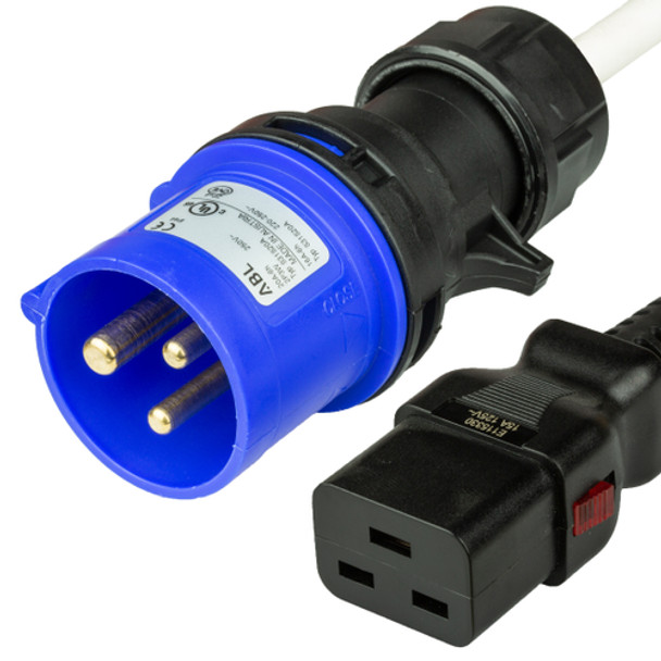 IEC60309 6H 2P+E BLUE PLUG to IEC60320 C19 LOCKING 15A 250V 14awg SJT WHITE Power Cord