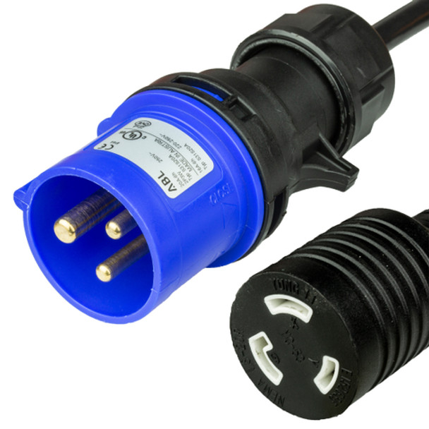 IEC60309 320P6 2P+E 6H 20A BLUE PLUG to NEMA L6-20R 20A 250V 12awg-3c SJT BLACK