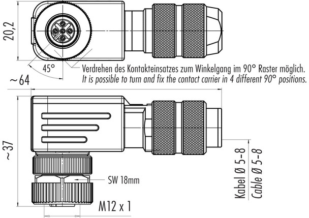 Binder 99-3728-820-04 M12-D Female angled connector, Contacts: 4, 5.0-8.0 mm, shieldable, screw clamp, IP67, UL