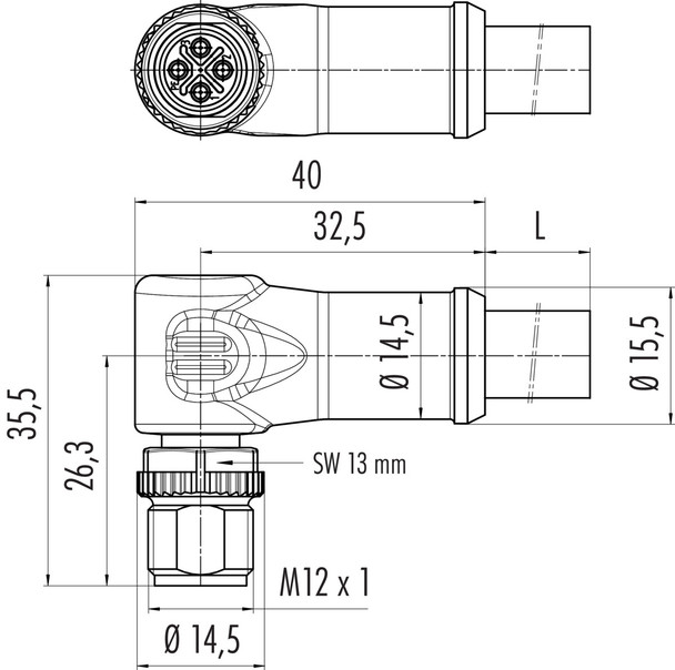 Binder 77-0687-0000-50704-0500 M12-S Male angled connector, Contacts: 3+PE, unshielded, moulded on the cable, IP68, PUR, black, 4 x 1.50 mm², 5 m