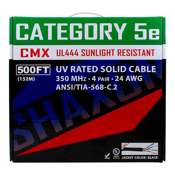 Shaxon SH-UV625-8BK-500 Category 5e, 4 Pair Solid, 500 Foot Box, UV Resistant Black| American Cable Assemblies