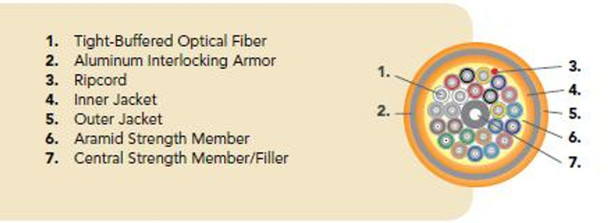 OCC DX048KSLX9YPI6 OCC, DX, Distribution Series, 48-Strand, 900um Tight Buffered, Indoor/Outdoor, ILA Armored, Chemical Resistant OFNP Plenum Rated, OS2, 9/125, Singlemode, Yellow Jacket (Priced Per Foot) {Qty. 1000, $9.23/ea.}