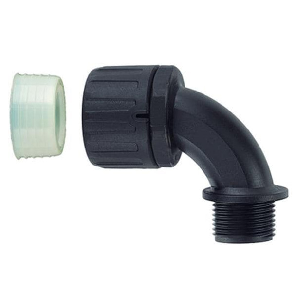 HellermannTyton 166-90908 Conduit Fittings & Accessories HelaGuard Non-Metallic IP68 Fitting, 90-Elbow, M32 Thread, 1.00" Dia, PA66, Black, 10/pkg | American Cable Assemblies