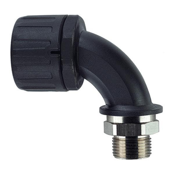 HellermannTyton 166-90035 Conduit Fittings & Accessories HelaGuard Non-Met IP66 Fitting, 90-Elbow Brass Swivel, Ext. Metric Thread, 0.50" (20mm) Dia, NPB PA66, Black, 10/pkg | American Cable Assemblies