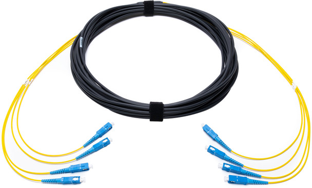 SC-UPC 4 Fiber Single Mode Fiber Cable Indoor/Outdoor LSZH 2mm 24inch Yellow Numbered Legs with Pulleye - 15 Meter | American Cable Assemblies
