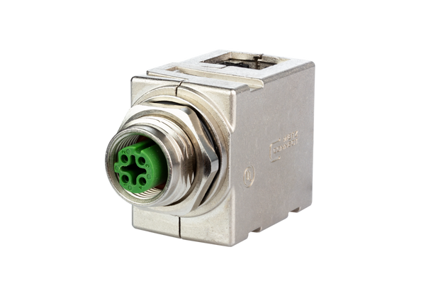Metz Connect MWN911A115 Panel feed through adapters M12 D-coded to RJ45
for electrical cabinets - angled | American Cable Assemblies
