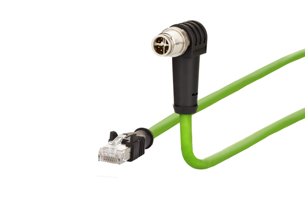 Metz Connect  M12 Industrial Ethernet cable, X-coded, RJ45 plug straight - M12 plug angled, coding at 315°, PUR | American Cable Assemblies