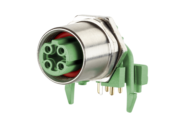 Metz Connect MMT471A115 PC board jack M12, D-coded, 4-pole, IP67,
90° angled, max. 2.5 mm wall thickness | American Cable Assemblies