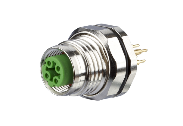 Metz Connect MMW370A1A1 PC board jack M12, D-coded, 4-pole, IP67,
through hole mounting | American Cable Assemblies