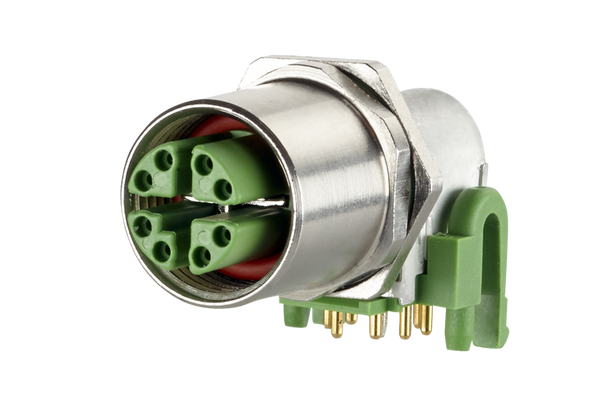 Metz Connect MMT471A315-0001 PC board jack M12, X-coded, 8-pole, IP67,
90° angled, max. 4 mm wall thickness | American Cable Assemblies