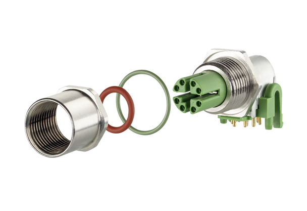 Metz Connect MMT471A315-0003 PC board jack M12, X-coded, 8-pole, IP67,
90° angled, max. 2.5 mm wall thickness, in individual parts | American Cable Assemblies