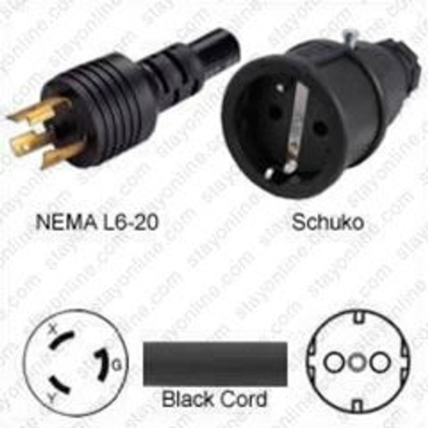 NEMA L6-20 Male Plug to Schuko CEE7/3 Connector 0.3 meters / 1 foot 16A