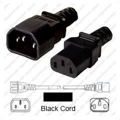 IEC320 C14 Male Plug to C13 Connector 1.8 meters / 6 feet 13A/250V 16/3 SJT Black - Power Cord