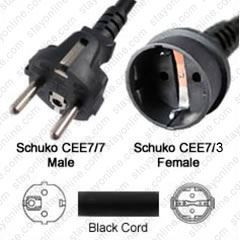 Schuko CEE7/7 Male Plug to Schuko Connector 7.6 meters / 25 feet 16A/250V H05VV-F3G1.5 Black - Country Power Extension Cord