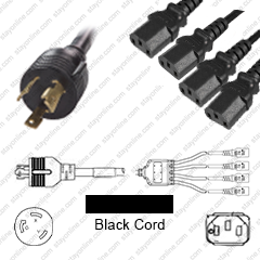 NEMA L6-30 Male Plug to 4 way IEC320 C13 Connectors 0.9 meters / 3 feet 15A/250V 12/3 & 14/3 SJT 24 inch legs Black - Splitter Power Cord