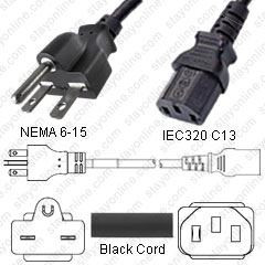 NEMA 6-15 Male Plug to IEC320 C13 Connector 1.8 meters / 6 feet 15A/250V 14/3 SJT Black - Power Cord