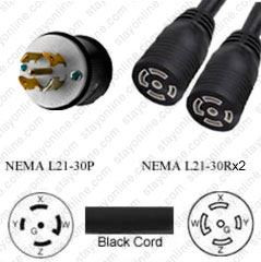 NEMA L21-30 Male Plug to 2 way L21-30 Connectors 1.0 meters / 3.25 feet 30A/208V 8/5 SOOW 24 inch legs Black - Splitter Power Cord