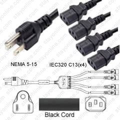 NEMA 5-15 Male Plug to 4 way IEC320 C13 Connectors 3.0 meters / 10 feet 15A/125V 14/3 SJT 24 inch legs Black - Splitter Power Cord