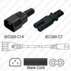 IEC320 C14 Male Plug to C7 Connector 1.0 meters / 3.25 feet 2.5A/250V H03VVH2-F2.75 Black - Power Cord