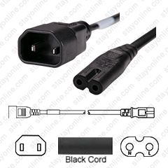 IEC320 C18 Male Plug to C7 Connector 0.3 meters / 1 foot 7A/125V 18/2 NISPT-1 Black - Power Cord
