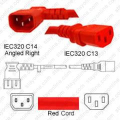 IEC320 C14 Male Plug Angled Left to C13 Connector 2.5 meters / 8 feet 10A/250V 18/3 SJT Red - Power Cord