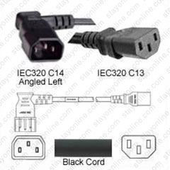 IEC320 C14 Male Plug Angled Left to C13 Connector 0.6 meters / 2 feet 10A/250V 18/3 SJT Black - Power Cord