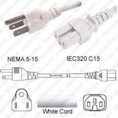 NEMA 5-15 Male Plug to IEC320 C15 Connector 0.9 meters / 3 feet 15A/125V 14/3 SJT White - Power Cord