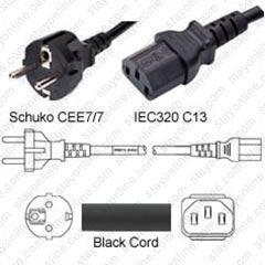 Schuko CEE7/7 Male Plug to IEC320 C13 Connector 2.5 meters / 8 feet 10A/250V H05VV-F3G1.0 Black - Country Power Cord