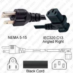 NEMA 5-15 Male Plug to IEC320 C13 Connector Angled Right 2.5 meters / 8 feet 15A/125V 14/3 SJT Black - Power Cord