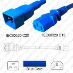 IEC320 C20 Male Plug to C13 Connector 0.9 meters / 3 feet 15A/250V 14/3 SJT Blue - Power Cord