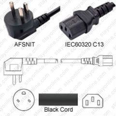 Denmark AFSNIT Male Plug Angled Up to IEC320 C13 Connector 1.8 meters / 6 feet 10A/250V H05VV-F3G.75 Black - Country Power Cord Hanked