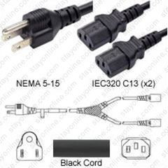 NEMA 5-15 Male Plug to 2 way IEC320 C13 Connectors 3.0 meters / 10 feet 15A/125V 14/3 SJT 24 inch legs Black - Splitter Power Cord