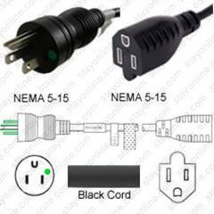 NEMA 5-15 Male Plug to 5-15 Connector 7.6 meters / 25 feet 15A/125V 14/3 SJT Black - Hospital Grade Power Extension Cord